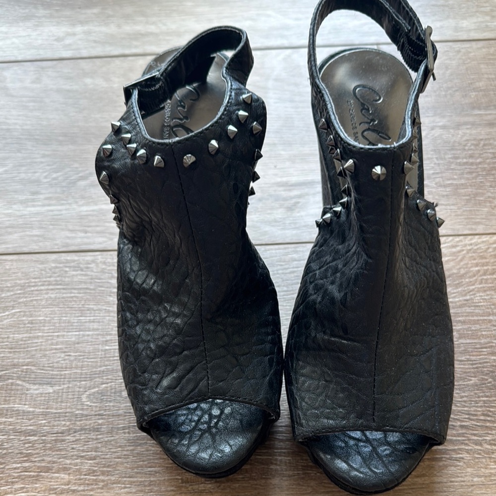 Carlos Santana Black Peep-Toe Heels with Studded Details
